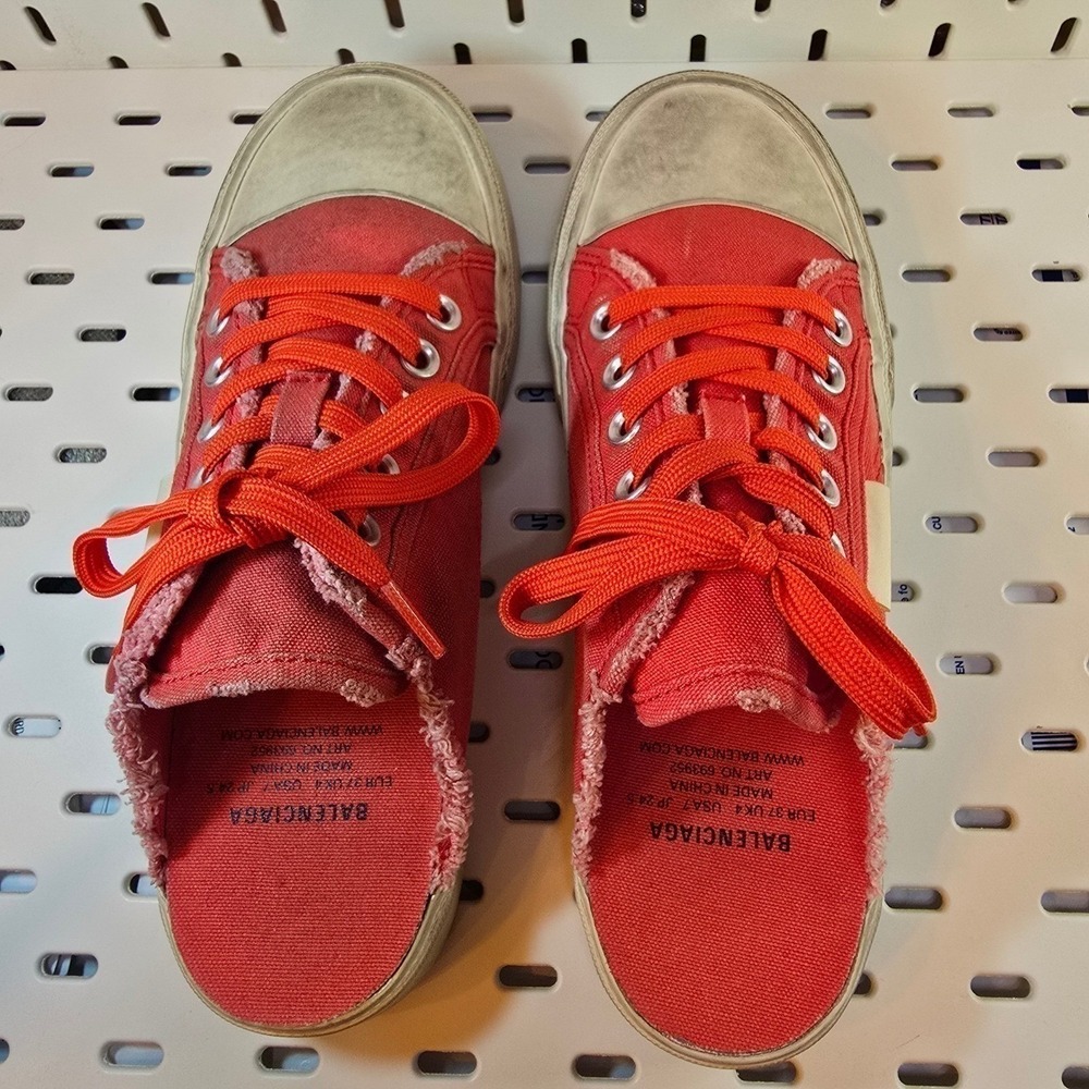 BALENCIAGA Womens Red Paris Canvas Mule Sneakers Sz 37 Distressed Streetwear Y2K - Picture 7 of 16